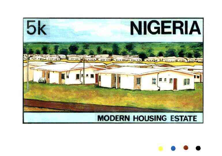 Nigeria 1986 Nigerian Life Def series - original hand-painted artwork for 5k value (Modern Housing Estate) by unknown artist on board 222 mm x 127 mm endorsed C3, stamps on housing, stamps on buildings