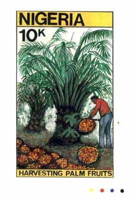 Nigeria 1986 Nigerian Life Def series - original hand-painted artwork for 10k value (Harvesting Palm Fruits) by unknown artist on board 127 mm x 222 mm endorsed D3, stamps on fruit, stamps on food