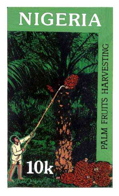 Nigeria 1986 Nigerian Life Def series - original hand-painted artwork for 10k value (Harvesting Palm Fruits) by unknown artist on board 127 mm x 222 mm, stamps on fruit, stamps on food
