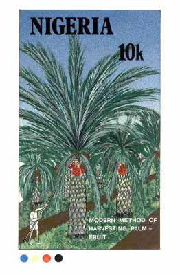 Nigeria 1986 Nigerian Life Def series - original hand-painted artwork for 10k value (Harvesting Palm Fruits) by unknown artist on card 130 mm x 222 mm endorsed D1, stamps on fruit, stamps on food