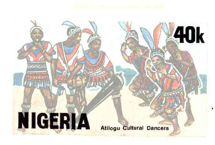 Nigeria 1986 Nigerian Life Def series - original hand-painted artwork for 40k value (Nkpokiti Cultural Dancers) by Godrick N Osuji on card 220 mm x 126 mm, stamps on dancing