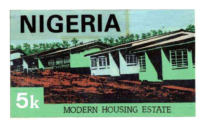 Nigeria 1986 Nigerian Life Def series - original hand-painted artwork for 5k value (Modern Housing Estate) by unknown artist on board 222 mm x 127 mm , stamps on , stamps on  stamps on housing, stamps on buildings