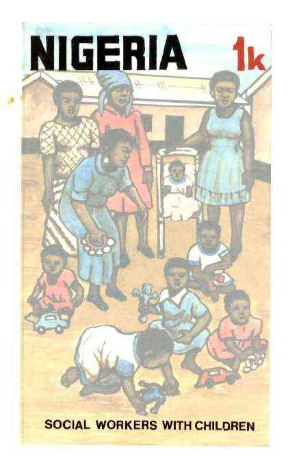 Nigeria 1986 Nigerian Life Def series - original hand-painted artwork for 1k value (Social Workers with Children) by Godrick N Osuji on card 127 mm x 218 mm endorsed A5, stamps on children