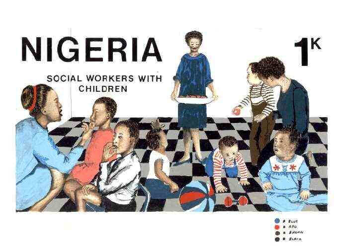 Nigeria 1986 Nigerian Life Def series - original hand-painted artwork for 1k value (Social Workers with Children) by NSP&MCo Staff Artist Olukoya Ogunfowora on board 222 ..., stamps on children