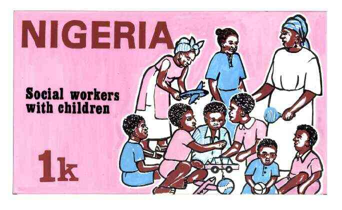 Nigeria 1986 Nigerian Life Def series - original hand-painted artwork for 1k value (Social Workers with Children) by unknown on board 222 mm x 128 mm , stamps on children