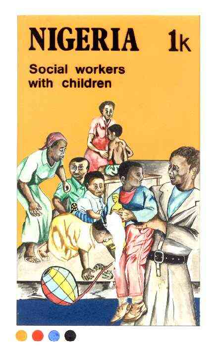 Nigeria 1986 Nigerian Life Def series - original hand-painted artwork for 1k value (Social Workers with Children) by unknown artist on card 127 mm x 220 mm endorsed A1, stamps on children