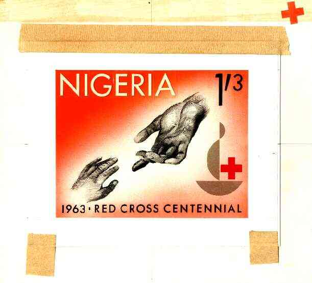 Nigeria 1963 Red Cross Centenary - original hand-painted artwork for 1s3d value (Outstretched hands) probably by M Goaman on board 134 x 100 mm , stamps on , stamps on  stamps on red cross, stamps on medical, stamps on 