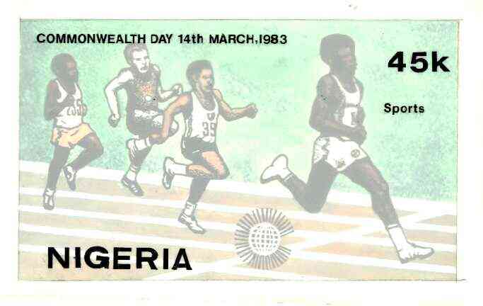 Nigeria 1983 Commonwealth Day - original hand-painted artwork for 45k value (Running) by Godrick N Osuji on card 220 x 137 mm endorsed D3, stamps on sport, stamps on running