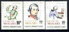 Albania 1991 Death Bicentenary of Mozart set of 3 unmounted mint, SG 2499-2501, Mi 2477-79*, stamps on , stamps on  stamps on music, stamps on  stamps on composers, stamps on  stamps on mozart, stamps on  stamps on masonics, stamps on  stamps on opera, stamps on  stamps on personalities, stamps on  stamps on mozart, stamps on  stamps on music, stamps on  stamps on composers, stamps on  stamps on masonics, stamps on  stamps on masonry