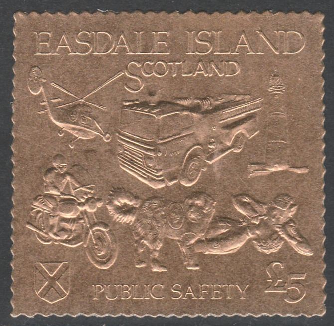 Easdale 1991 Public Safety £5 embossed in gold foil (showing Lighthouse, Fire engine, Rescue Dog, Helicopter, First-Aid & Motorcyclist) unmounted mint, stamps on lighthouses, stamps on fire, stamps on dogs, stamps on helicopters, stamps on aviation, stamps on medical, stamps on motorbikes, stamps on bernard, stamps on rescue
