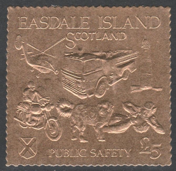 Easdale 1991 Public Safety Â£5 embossed in gold foil (showing Lighthouse, Fire engine, Rescue Dog, Helicopter, First-Aid & Motorcyclist) unmounted mint, stamps on , stamps on  stamps on lighthouses, stamps on  stamps on fire, stamps on  stamps on dogs, stamps on  stamps on helicopters, stamps on  stamps on aviation, stamps on  stamps on medical, stamps on  stamps on motorbikes, stamps on  stamps on bernard, stamps on  stamps on rescue