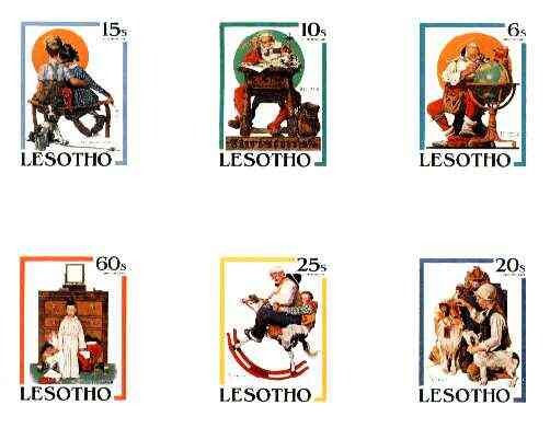 Lesotho 1981 Christmas Paintings by Norman Rockwell proof sheetlet containing complete set of 6 imperf proofs (as issued), exceptionally rare, stamps on , stamps on  stamps on arts, stamps on christmas, stamps on rockwell