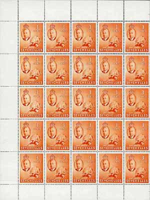 Seychelles 1952 Tortoise SG 159 KG6 3c orange complete sheet of 50 unmounted mint incl retouches on 2/8 & 3/8, stamps on , stamps on  stamps on animals, stamps on  stamps on  kg6 , stamps on  stamps on reptiles, stamps on  stamps on tortoises