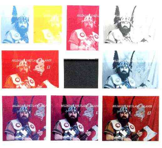 Shetland Islands 19?? The Vikings imperf souvenir sheetl (A31 value) the set of 9 imperf progressive proofs comprising the 4 individual colours, plus various 2, 3 and all 4-colour composites, unmounted mint, stamps on , stamps on  stamps on vikings, stamps on costumes, stamps on dragon
