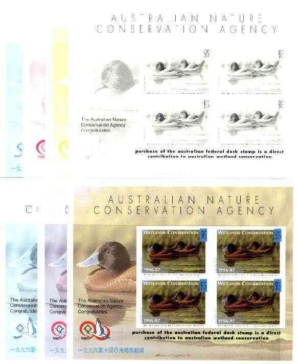 Australia 1996-97 Blue Billed  Duck Wetlands Conservation sheet containing 4 x $15 labels, the set of 7 imperf progressive colour proofs comprising the 4 individual colou..., stamps on ducks, stamps on birds, stamps on cinderella