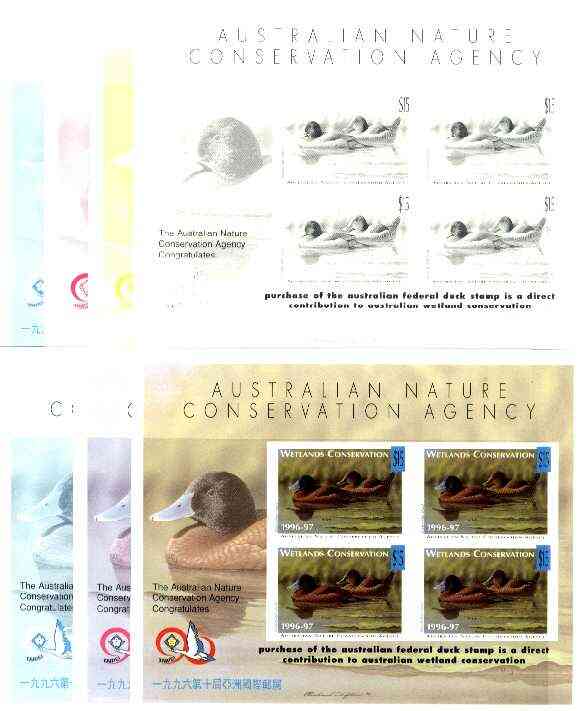 Australia 1996-97 Blue Billed  Duck Wetlands Conservation sheet containing 4 x $15 labels, the set of 7 imperf progressive colour proofs comprising the 4 individual colou...