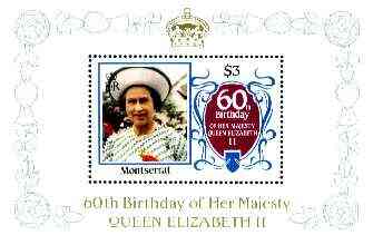 Montserrat 1986 60th Birthday $3 in UNISSUED m/sheet format (see note after SG 681), stamps on , stamps on  stamps on royalty