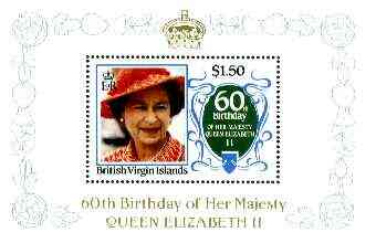 British Virgin Islands 1986 Queen's 60th Birthday $1.50 in unissued deluxe m/sheet format (see note after SG 604) unmounted mint, stamps on , stamps on  stamps on royalty, stamps on  stamps on 60th birthday