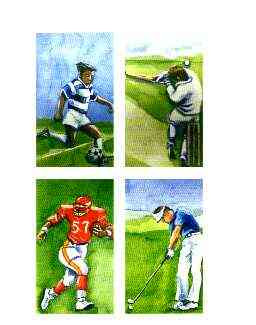 Batum 1996 Sports (Football, Cricket, American Football & Golf) imperf progressive proof sheet in blue, yellow & red only (Country & value omitted) unmounted mint, stamps on cricket, stamps on football, stamps on golf, stamps on sport