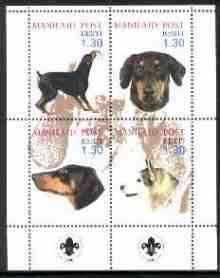 Estonia (Manilaid) 2000 Dogs #2 perf sheetlet of 4 with Scouts Logo in bottom margin, stamps on , stamps on  stamps on dogs, stamps on  stamps on scouts, stamps on  stamps on doberman, stamps on  stamps on husky