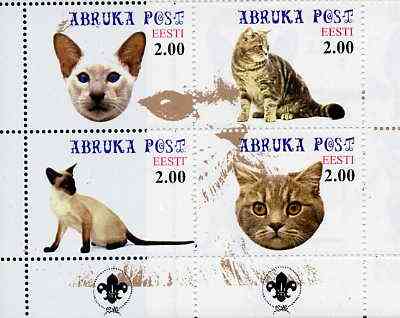 Estonia (Abruka) 2000 Domestic Cats #1 perf sheetlet of 4 with Scouts Logo in bottom margin unmounted mint, stamps on cats, stamps on scouts