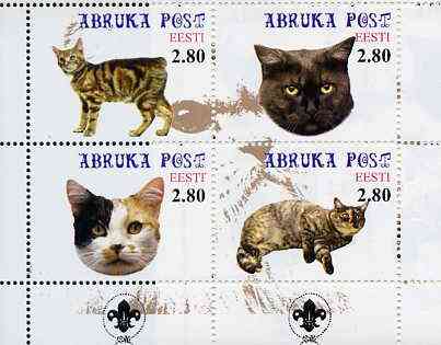 Estonia (Abruka) 2000 Domestic Cats #2 perf sheetlet of 4 with Scouts Logo in bottom margin unmounted mint, stamps on , stamps on  stamps on cats, stamps on scouts