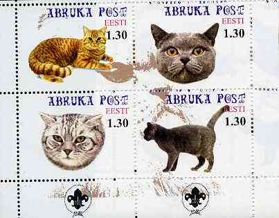 Estonia (Abruka) 2000 Domestic Cats #3 perf sheetlet of 4 with Scouts Logo in bottom margin unmounted mint