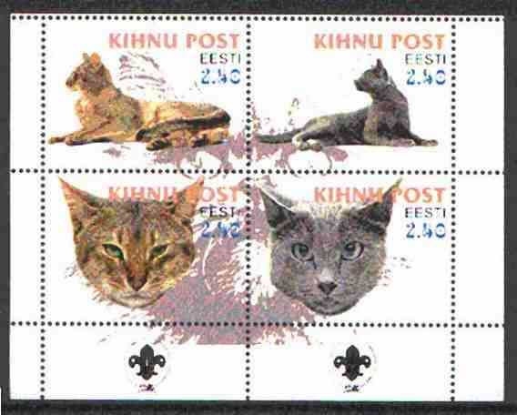 Estonia (Kihnu) 2000 Domestic Cats #2 perf sheetlet of 4 with Scouts Logo in bottom margin unmounted mint, stamps on , stamps on  stamps on cats, stamps on scouts