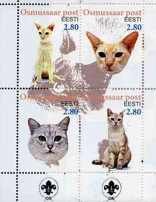 Estonia (Osmussaar) 2000 Domestic Cats #2 perf sheetlet of 4 with Scouts Logo in bottom margin unmounted mint, stamps on , stamps on  stamps on cats, stamps on scouts