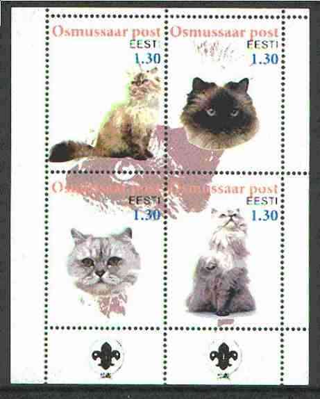 Estonia (Osmussaar) 2000 Domestic Cats #1 perf sheetlet of 4 with Scouts Logo in bottom margin unmounted mint, stamps on cats, stamps on scouts