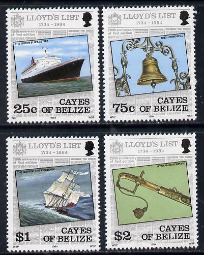 Cayes of Belize 1984 Lloyds List set of 4 unmounted mint, stamps on newspapers, stamps on ships, stamps on bells, stamps on sword