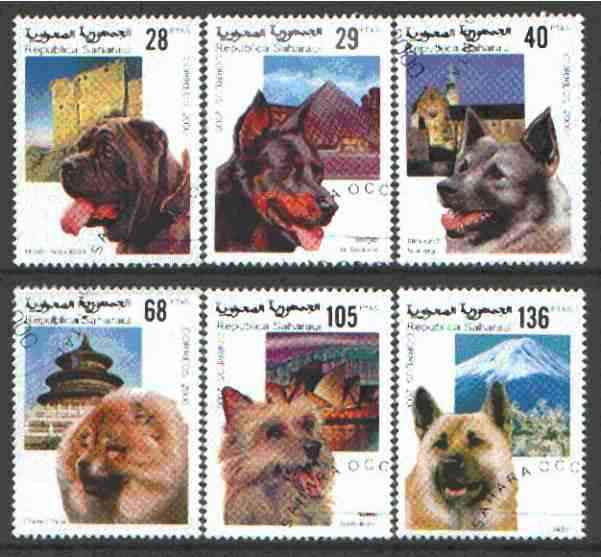 Sahara Republic 2000 Dogs complete set of 6 cto used*, stamps on dogs, stamps on akita, stamps on elkhound, stamps on chow, stamps on terrier
