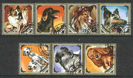 Mongolia 1984 Dogs (square & diamond shaped) set of 7 cto used, SG 1636-42*, stamps on , stamps on  stamps on dogs, stamps on , stamps on  stamps on  gsd , stamps on  stamps on collie, stamps on dalmations, stamps on cocker, stamps on papillion, stamps on 