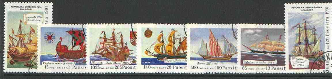 Malagasy Republic 1992 Ships perf set of 7 cto used, SG 900-906*, stamps on , stamps on  stamps on ships, stamps on columbus, stamps on drake, stamps on explorers