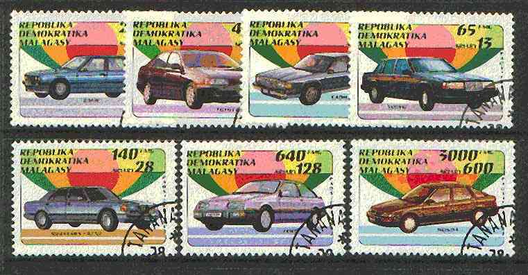 Madagascar 1993 Cars perf set of 7 cto used SG 947-53*, stamps on , stamps on  stamps on cars, stamps on volvo, stamps on cadillac, stamps on  stamps on mercedes, stamps on ford, stamps on honda, stamps on toyota, stamps on bmw