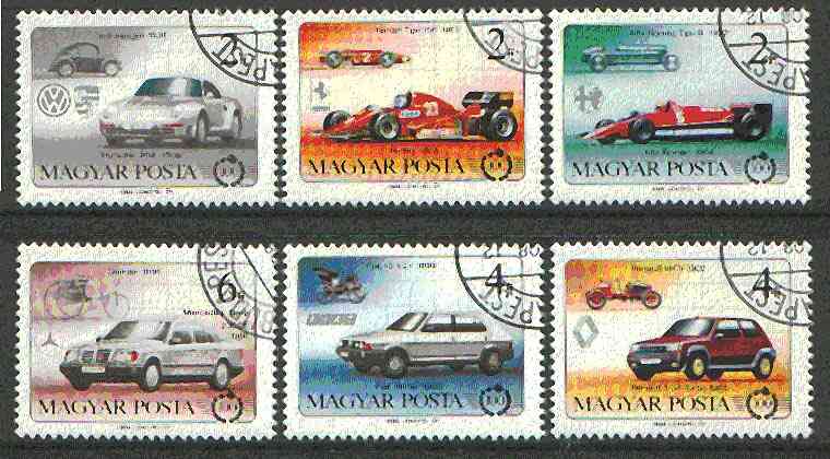 Hungary 1986 Centenary of the Motor Car set of 6 cto used, SG 3701-06*, stamps on , stamps on  stamps on cars, stamps on ferrari, stamps on renault, stamps on fiat, stamps on alfa romeo, stamps on  stamps on  vw , stamps on  stamps on porsche, stamps on daimler, stamps on mercedes, stamps on motor sport, stamps on racing cars