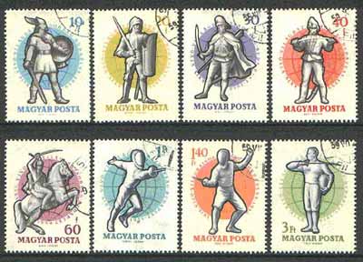 Hungary 1959 Fencing set of 8 cto used, SG 1582-89*, stamps on , stamps on  stamps on sport, stamps on fencing, stamps on militaria