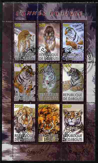 Djibouti 2010 Chinese New Year - Year of the Tiger perf sheetlet containing 9 values fine cto used, stamps on , stamps on  stamps on cats, stamps on  stamps on lions, stamps on  stamps on tigers, stamps on  stamps on lunar, stamps on  stamps on lunar new year