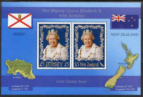 Jersey & New Zealand 2006 Joint issue - 80th Birthday QEII perf m/sheet unmounted mint, SG MS1273, stamps on royalty