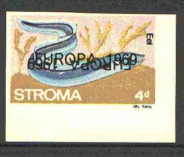 Stroma 1969 Fish 4d (Eel) imperf single with Europa 1969 opt doubled, one inverted (very slight gum disturbance)*, stamps on fish, stamps on marine life, stamps on europa
