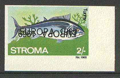 Stroma 1969 Fish 2s (Tunny) imperf single with 'Europa 1969' opt doubled, one inverted (very slight gum disturbance)*, stamps on , stamps on  stamps on fish, stamps on marine life, stamps on europa, stamps on  stamps on gamefish