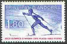 Andorra - French 1980 Lake Placid Winter Olympic Games 1f80 (skiing) unmounted mint, SG F302*, stamps on olympics, stamps on skiing