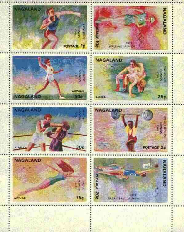 Nagaland 1972 Munich Olympic Games perf sheetlet containing complete set of 8 values unmounted mint, stamps on olympics, stamps on walking, stamps on shot, stamps on wrestling, stamps on weightlifting, stamps on basketball, stamps on diving, stamps on boxing, stamps on javelin