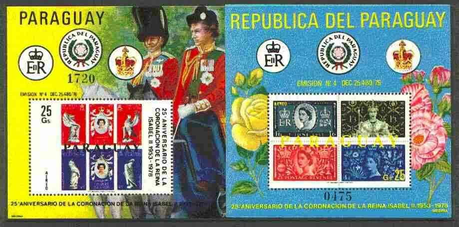 Paraguay 1978 Coronation 25th Anniversary set of 2 perf m/sheets (Coronation Stamps)  unmounted mint, stamps on , stamps on  stamps on royalty, stamps on coronation, stamps on stamp on stamp, stamps on  stamps on stamponstamp