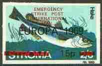 Stroma 1971 Fish 15p on 2s6d (Hake) imperf single with 'Europa 1969' opt additionally overprinted 'Emergency Strike Post' for use on the British mainland, unmounted mint*, stamps on , stamps on  stamps on fish, stamps on marine life, stamps on europa, stamps on strike