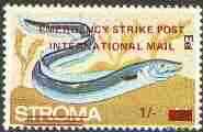 Stroma 1971 Fish 1s on 4d (Eel) perf single overprinted 'Emergency Strike Post' for use on the British mainland unmounted mint*, stamps on , stamps on  stamps on fish, stamps on marine life, stamps on strike