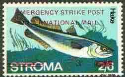 Stroma 1971 Fish 3s on 2s6d (Hake) perf single overprinted 'Emergency Strike Post' for use on the British mainland, unmounted mint*, stamps on , stamps on  stamps on fish, stamps on marine life, stamps on strike