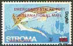 Stroma 1971 Fish 3s on 1s3d (Dogfish) perf single overprinted 'Emergency Strike Post' for use on the British mainland unmounted mint*, stamps on , stamps on  stamps on fish, stamps on marine life, stamps on strike