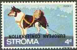 Stroma 1970 Dogs 4d (Husky) perf single with 'European Conservation Year 1970' opt inverted unmounted mint*, stamps on , stamps on  stamps on animals, stamps on dogs, stamps on husky