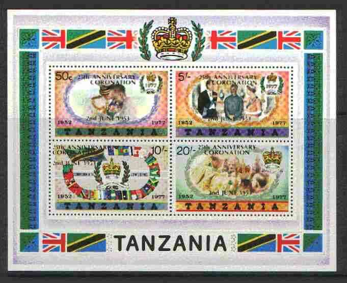 Tanzania 1978 Coronation 25th Anniversary m/sheet (large opt) unmounted mint SG MS 237A, stamps on royalty, stamps on coronation